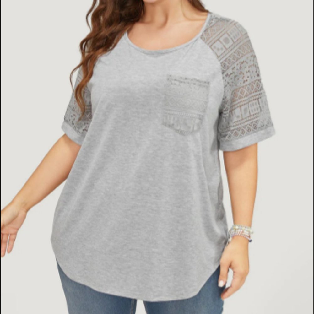 Solid Pocket Contrast Lace Raglan Sleeve Arc Hem T-Shirt